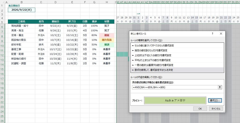 条件付き書式のルールの画面と、開始日から終了日までバーが伸びた状態